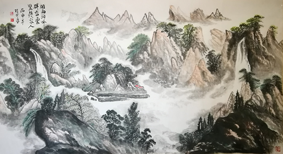 白桂芹作品20《烟雨润峰 群峦雲里几家人》